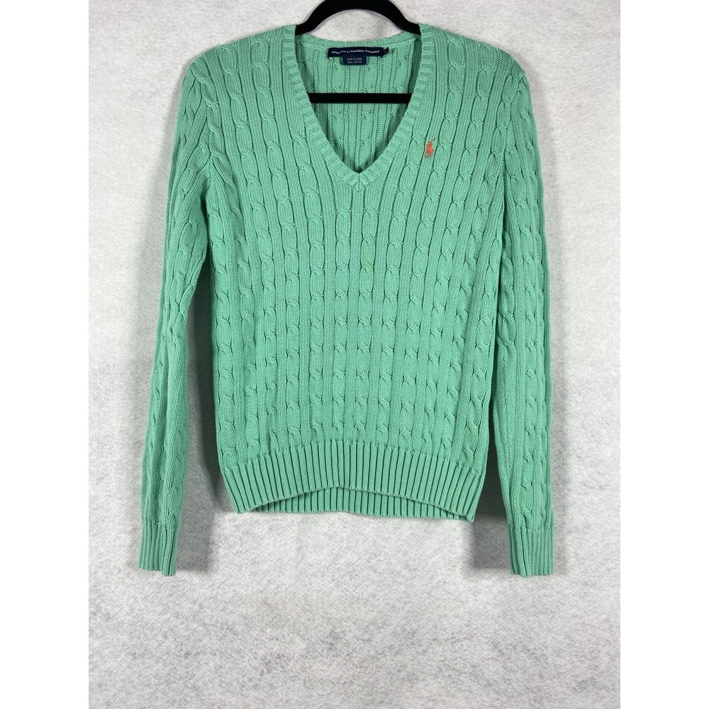 Ralph Lauren Sport Sweater Women's Large Green Cable Knit Cotton Long Sleeve